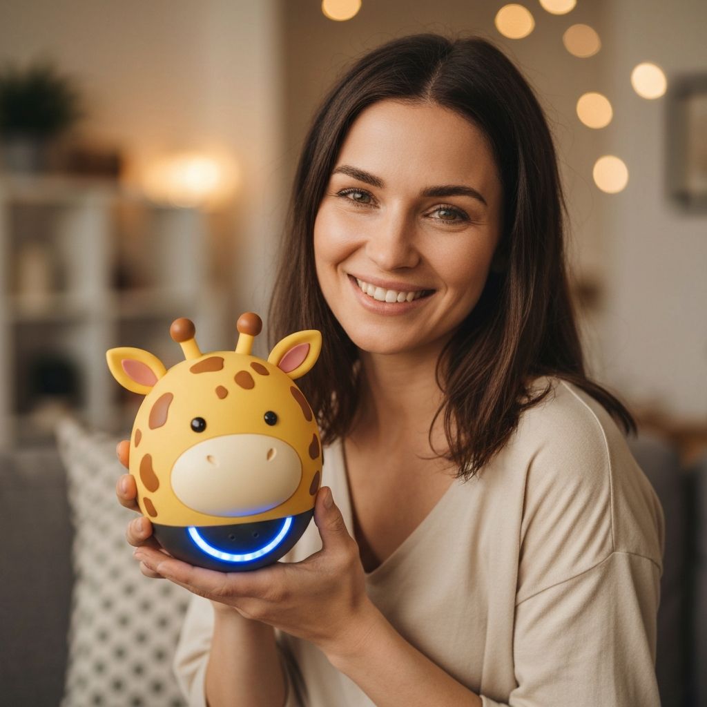 Madre sosteniendo TUO - dispositivo con forma de jirafa